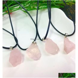 Pendant Necklaces Natural Irregar Pink Rough Stone Healing Rose Quartz Crystal Gemstone Necklace Women Jewellery Drop Delivery Pendants Dhgtm