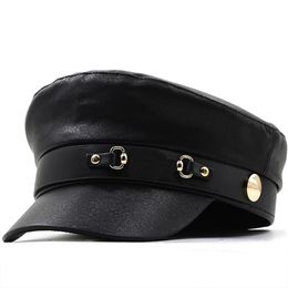 Brand Hat Girl Military Caps Black Leather Studentsr Hats Flat Female Adjustable Autumn Winter Captain Cap Women