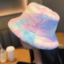 New Winter Tie Dye Print Plush Bucket Hats for Women Girls Outdoor Warm Hat Soft Velvet Fisherman Cap Lady Fashion Panama Gifts