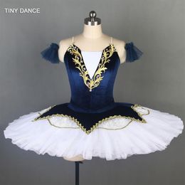 Stage Wear Navy Blue Velvet Bodice With 7 Layer Of Pleated Tulle Pancake Tutu Professional Ballet Dance Costume For Adult Girls BL295u