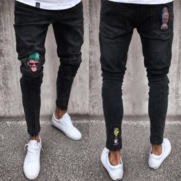 Skull Jeans Men Black Biker Jeans Pants Draped Ripped Long Pencil Pants Trousers Clothing245s