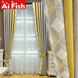 Curtains Modern Yellow Grey Geometry Splicing Blackout Window Curtains for Living Room Thicker Linen Blinds Bedroom Curtain #45