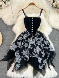 Casual Dresses Ins Fashion Princess Black Women's Summer Spaghetti Shoulder Strap Y2K Lace Splice Work Irregular Dress Vestidos P230606