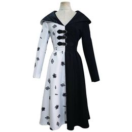 Cruella Cosplay Costume Black White Dress Outfits Halloween Carnival Suit296J