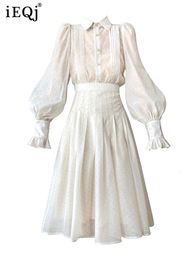 Basic Casual Dresses IEQJ Two Piece Set For Women Clothing French Lapel Lantern Sleeve Shirt High Waist Skirts Female Fashion 2023 Summer 3W4479 230630