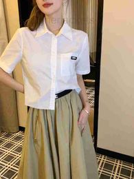 Women's Blouses & Shirts Designer 23ss Spring/summer New Workwear Style Polo Collar Short Sleeve Shirt White Versatile Piece 2W8X