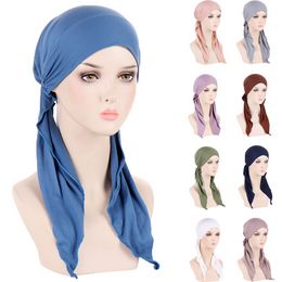 New Women Pre-Tied Hat Muslim Inner Hijab Headscarf Long Tail Hair Loss Chemo Cap Bonnet Turban Bandanas Headband Turbante Mujer