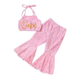 Clothing Sets Infant Baby Girls Summer Outfits Casual Letter Print Bandage Halterneck Lace Tops and Elastic Flared Pants Set 3 12M 230630