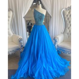 Elegant Blue Prom Dress Beading Sequined One Shoulder Summer Dress Chic Slim Dresses Formal Party Evening Gowns Robe De Bal