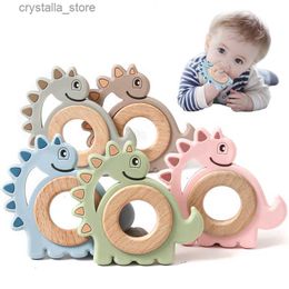 1Pc Baby Silicone Beech Wood Teether Rattle Cute Dinosaur Shape Teething Toys Food Grade Infant Chewable Nursing Pendant Gifts L230518