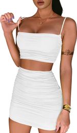 Women's Two Piece Dress Fashion Ruched Cami Crop Top Bodycon Skirt 2 Piece Outfits Dress