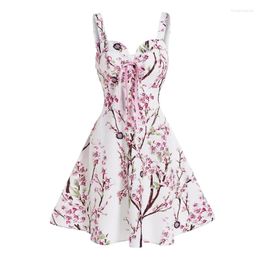 Casual Dresses Women Summer Floral Print Blossom Peach Flower Allover Sundress Lace Up High Waist Backless Mini Vestido Feminino