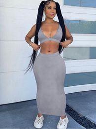 Two Piece Dress Weird Puss Skinny Women Tracksuit 2 Piece Set Elastic Tank TopWide Belt Maxi Skirts Matching Streetwear Causal Ribbed Outfits 230630