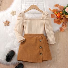 Clothing Sets 3 7Y Kids Girls Spring Fall Clothes Baby Long Sleeve Square Neck Ribbed Knit Tops Buttons Slit Skirts Children Outfits 230630