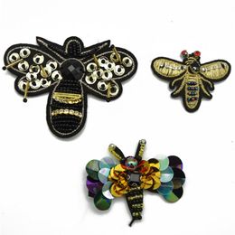 20pcs Embroidery Golden sequin and beaded Bee Patch Sew On Patch Badge Fabric Applique DIY for clothes shoes bag277U