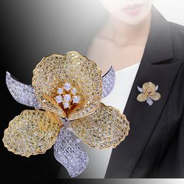 Pins Brooches OKILY Luxurious Cubic Zirconia Orchid Flower Brooch Pin Delicate Floral Pins and Brooches for Women Valentine's Gift 230630