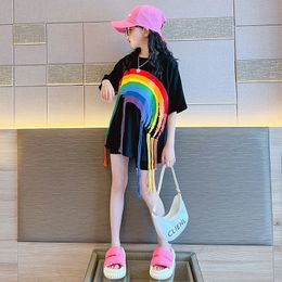 Clothing Sets Girls Tees Summer Tshirt Short Sleeve Rainbow 2023 Clothes Fashion Lovely and Sweet Medium Large Children 230630