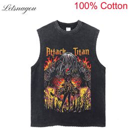 Men's Tank Tops Anime Attack On Titan Top Vest Men Retro Washed Black 100 Cotton Summer Harajuku Hip Hop Male Sleeveless Tshirts 230630