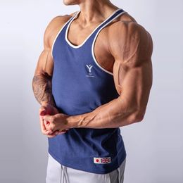Men's Tank Tops Summer Style Jogging Gym Bodybuilding Elastic Breathable Vest 100 Cotton Blue Sleeveless Fitness 230630