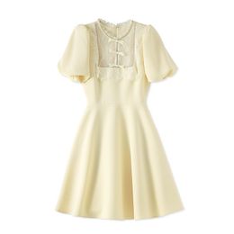2023 Summer Apricot Solid Colour Ribbon Tie Bowknot Lace Dress Short Sleeve Round Neck Knee-Length Casual Dresses W3L045901