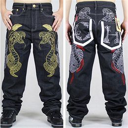 Whole-2015 New Fashion Mens Wide Leg Jeans Embroidered Gold Python Loose Pants Skating Hip-hop Street Rap Dance Trousers S303r