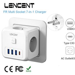 Power Cable Plug LENCENT FR Multi Socket Cube Power Adapter with 3 USB Ports 3 AC Outlets 1 Type C 7 in 1 Wall Socket On/Off Switch for Home 230701