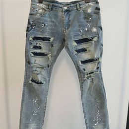 Men jeans luxury design pants Long Skinny blue Artificial diamond Destroy the quilt Ripped hole designer jean Mens Designers Cloth260S