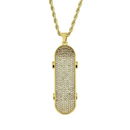 Hip Hop Rapper shiny diamond pendant gold necklace skateboard pendant copper micro-inset zircon jewelry 50cm night club accessory 1391