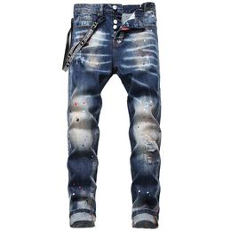 Men's Fashion Vintage Hole Ripped Biker Jeans Male Casual Slim Patch High Quality Denim Pants Paint Splatter Retro Blue Begga259P