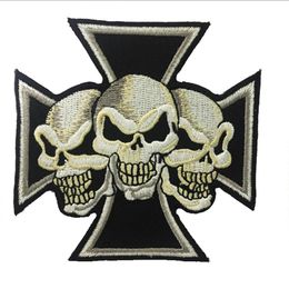 Fantastic Maltese Cross Devil Triple Skulls Christian Embroidered Patch Iron On Sew On Patch For Biker Clothing Jacket Vest S269c