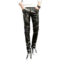 Whole-DJ Swag Skinny Mens Faux Leather PU Tight Black Joggers Biker Pants For Men Boys With Zippers290f