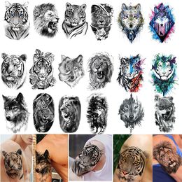 Temporary Tattoos 50Pcs Wholesales Waterproof Temporary Tattoo Sticker Tiger Lion Wolf Forest Man Big Sexy Flower Women Body Arm Art Fake Tattoos 230701