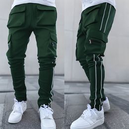 Designer Cargo Hosen Männer Casual Multi-Pocket Stretch Reflektierende Streifen Gerade Sport Fitness Jogger Hosen Herren Mode Hip Hop Streetwear Jogginghose