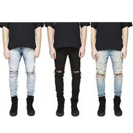 Whole-Fashion Style Men Ripped Jeans Classic Denim Fabric Destroyed Male Pants Elastic 3 colors Hiphop Comfortable Stretch Tro243J