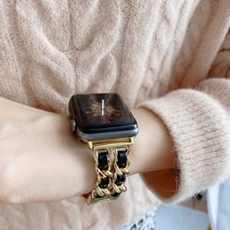 Fashion Genuine Leather Watch Bands For Apple Watch Strap 38mm 40mm 41mm 42MM 44mm 45MM Designer Black Golden Link Chain Wristband iWatch 3 4 5 SE 6 7 Series Band