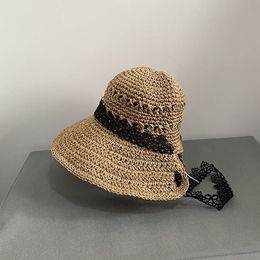 Summer Lace Woven Bucket Hat Breathable Outdoor Beach Travel Floppy Cap Solid Colour Women's Wide Brim Straw Sun Chapeau