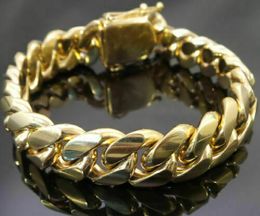 Men's Miami Cuban Link Chain Bracelet Solid 14K Gold Plated Stainless Steel