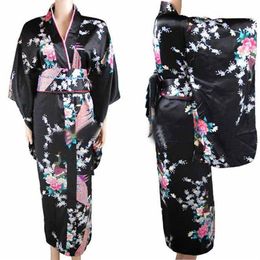 Ethnic Clothing Arrival Black Vintage Japanese Women's Kimono Haori Yukata Silk Satin Dress Mujeres Quimono Peafowl One Size 225e