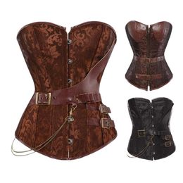 Women Vintage Steampunk Gothic Jacquard Overbust Corset Top with Chains and PU Leather Belts Accent S-6XL Plus Size Brown Black208v