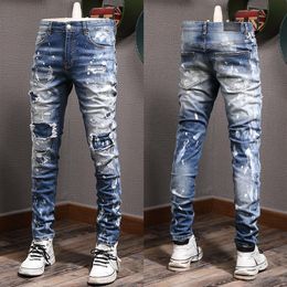 Painted Stitch Detail Jeans Mens Distressed Vintage Slim Fit Leg Denim Trousers Male2283