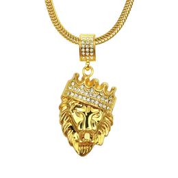 Hip Hop Rapper shiny diamond pendant gold necklace Crown lion head pendant micro-inset zircon Jewellery 60cm night club accessory Sweater chain 1399