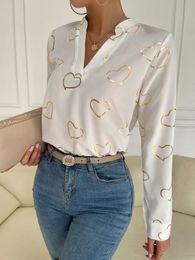 QNPQYX Cusal Long Sleeve Chiffon Shirt Heart Print Blouse V Neck Women White Blouses Fashion Woman 2023 Elegant Feminine Shirts