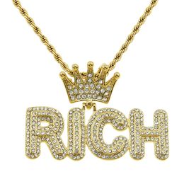 Hip Hop Rapper shiny diamond pendant gold necklace crown RICH letters pendant micro-inset zircon Jewellery 60cm night club accessory Sweater chain 1395