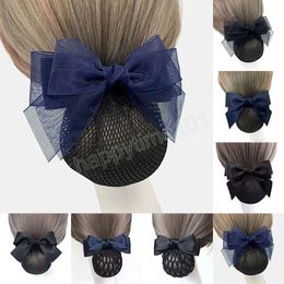 Elegant Net Yarn Bow Hair Net Barrette Flight Attendant Ribbon Hair Clip Women Hair Bun Cover Net Headwear Bun Net Snood