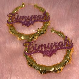 Dangle Chandelier Custom Name Earrings Bling Name Earrings Bling Colourful Name Bamboo Hoop Earrings Stainless Steel Earrings for Women Gifts 230701