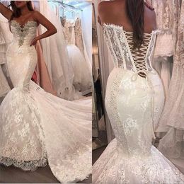 Hot Sale Sexy Mermaid Wedding Dresses Lace Sleeveless Crystal Beaded Plus Size Bridal Gowns Detachable Train Custom Made Arabia