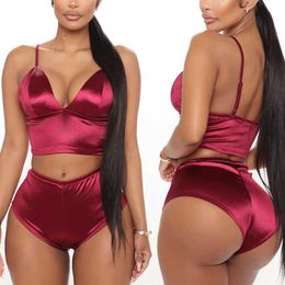 Sexy Bra & Briefs Set Women Lingerie Sexy Seamless Panty Push Up Bralette Underwear Set Wine Red Satin Open Bras Sexy Lingerie X06303G