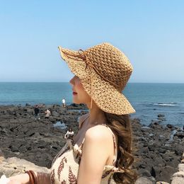 VACIGODEN Summer Straw Weaving Bucket Hat Women Outing Folding Sun Protection Hat Beach Seaside Breathability Straw Hats Girls