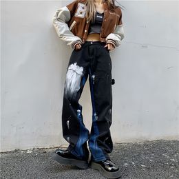 QNPQYX Gothic Style Black Baggy Jeans Woman Graffiti Painting Vintage Pants Streetwear Y2k Oversize High Waist Wide Leg Denim Trousers