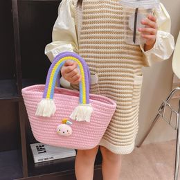 Handbags Cute Kids Straw Bags for Baby Girls Mini Woven Tote Hand Bag Toddler Children Travel Beach Holiday Bow Handbag 230701